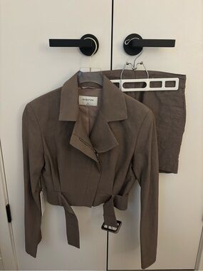 Babaton Cropped Belted Blazer in Taupe Brown
